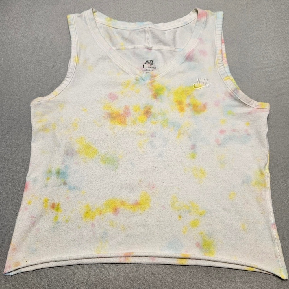 Nike Tank Top Womens Small White Multicolor Tie Dye V-Neck Embroidered Logo Crop